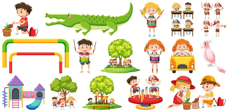 Set of cute kids and objects Ilustração Stock