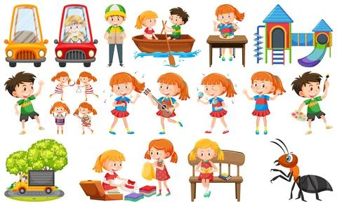 Set of cute kids and objects Stock Illustration