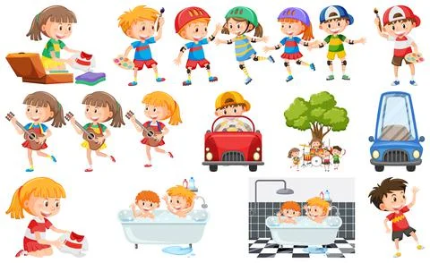 Set of cute kids and objects Stock Illustration