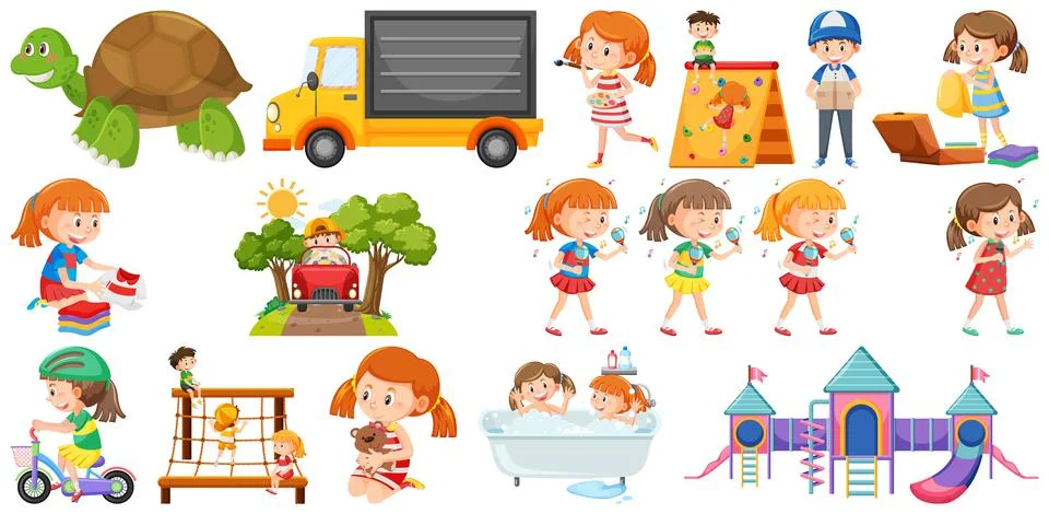 Set of cute kids and objects Ilustração Stock