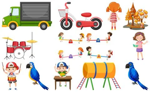 Set of cute kids and objects Stock Illustration