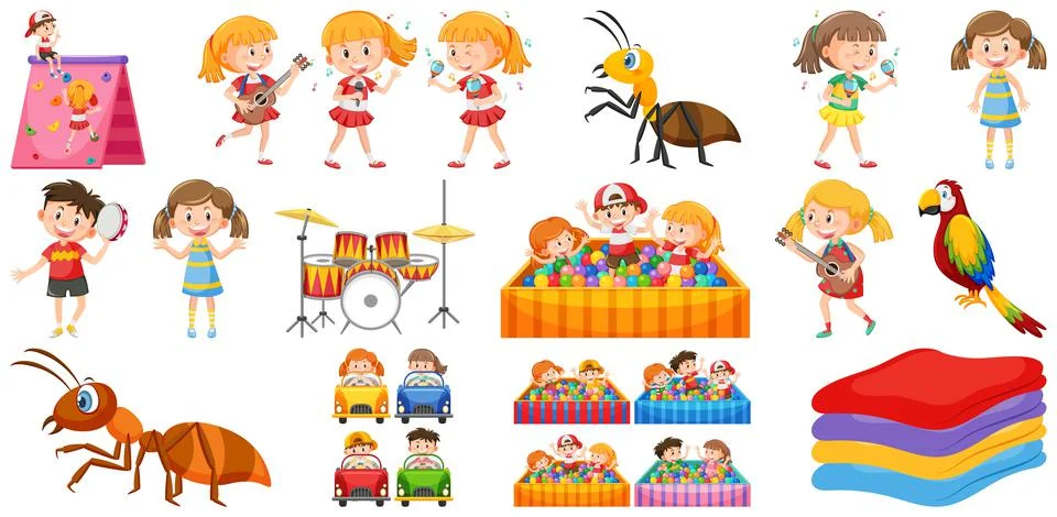 Set of cute kids and objects Stock Illustration