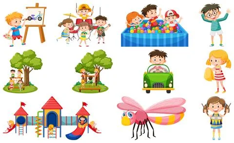 Set of cute kids and objects Stock Illustration