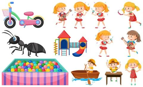 Set of cute kids and objects Stock Illustration