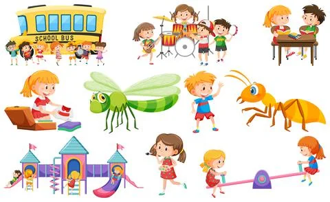 Set of cute kids and objects Stock Illustration