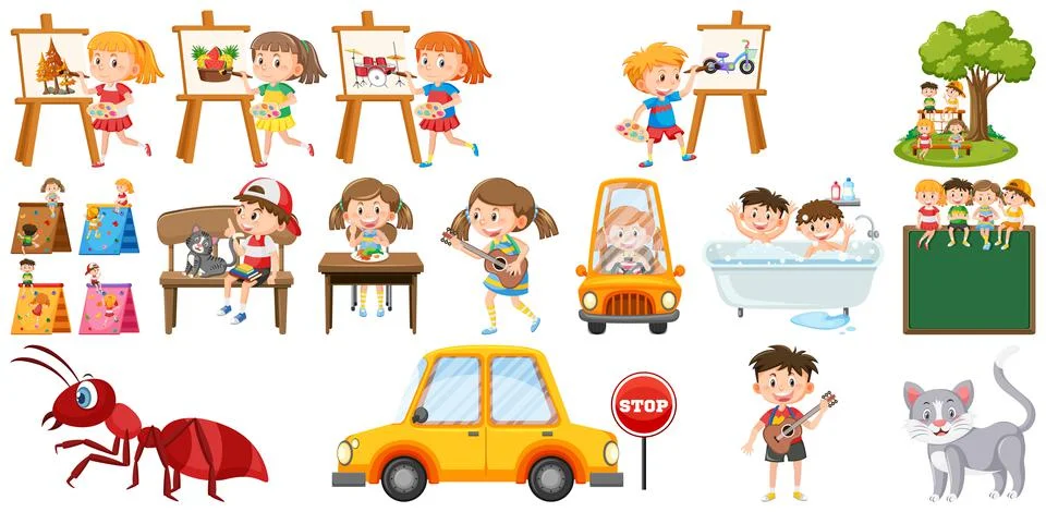 Set of cute kids and objects Ilustração Stock