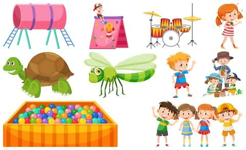 Set of cute kids and objects Stock Illustration