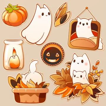 Set of cute kitty ghosts in kawaii style. Halloween collection of stickers .. Stock Illustration