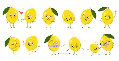 Set of cute lemon characters with emotions, faces, arms and legs. Happy or sad Stock Illustration