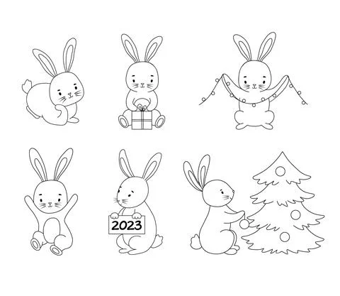 Set of cute line rabbits in different poses. Vector symbol of new year 2023 Illustrazione stock