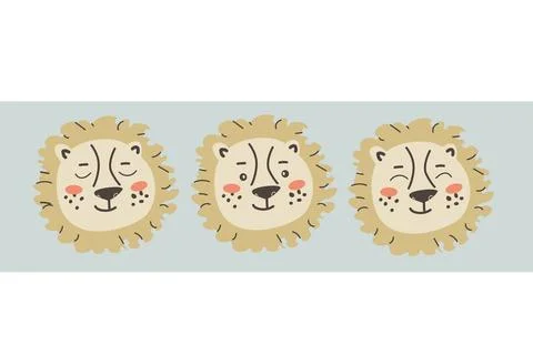 Set of cute lions faces or heads with different emotions for kids. Stock Illustration