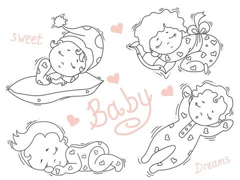 Set of cute little babies sleeping sweetly in different poses. Childrens Stock Illustration