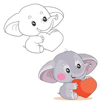 Set of cute little elephant holding a big red heart and wants to give it as a Stock Illustration