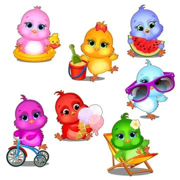 A set of cute little multicolored chicks having fun isolated on white background Stock Illustration