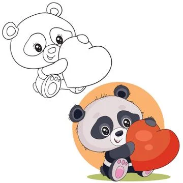 Set of cute little panda character holding a big red heart in its paws and wants Stock Illustration
