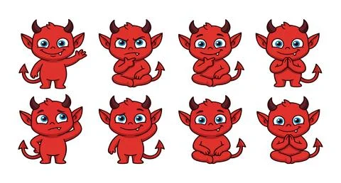 Set of cute little red devil cartoon characters in different poses with cut.. Illustrazione stock