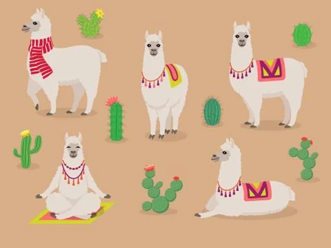 Set of cute llamas in different poses, desert with cactus Stock Illustration