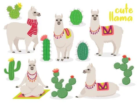 Set of cute llamas in different poses, desert with cactus Stock Illustration