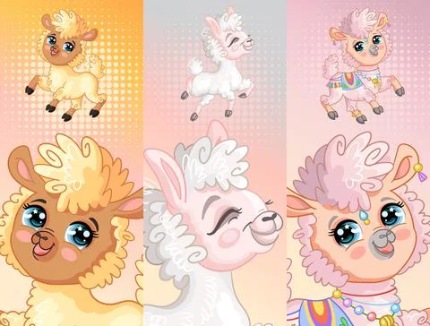 Set of cute llamas vertical background vector illustrations Stock Illustration