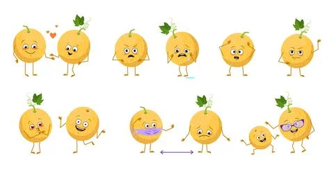 Set of cute melon characters with emotions, faces, arms and legs. Happy or sad Stock Illustration