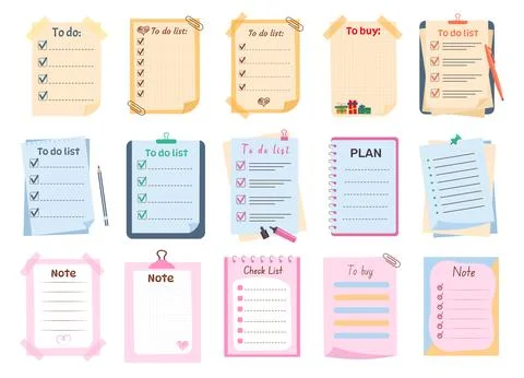Set of cute memo paper sheets, sticky note, reminder, to do list, to buy li.. Stock Illustration