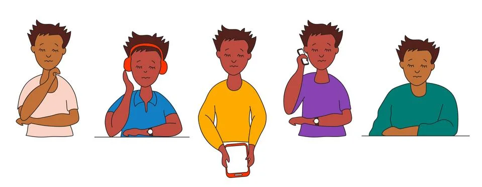Set of cute men of different ethnicities in bright clothes. Various hand Stock Illustration