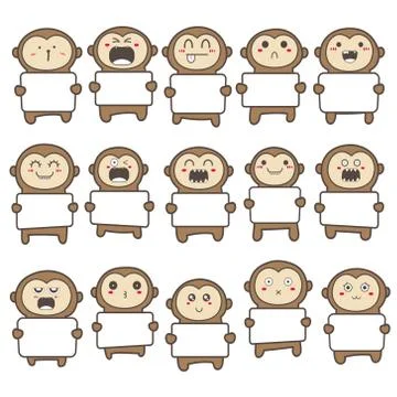 Set of cute monkey holding a billboard design. Vector illustration. Stock Illustration
