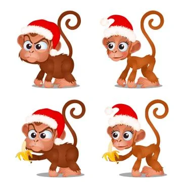 Set of cute monkey with red cap of Santa Claus and bananas isolated on white Stock Illustration