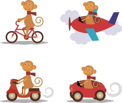 Set - cute monkey with scarf on transport Stock Illustration