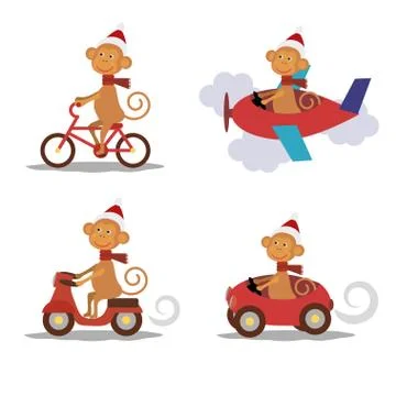 Set - cute monkey with scarf on transport Stock Illustration