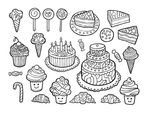 Set of cute monochrome sweets Stockillustratie