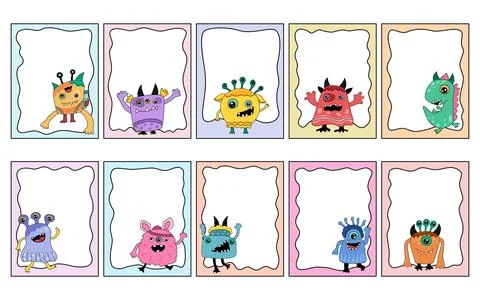 Set of cute monster frames in colorful doodle style for decoration Illustrazione stock