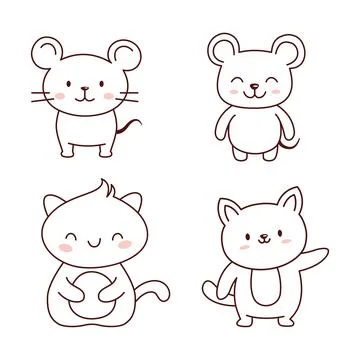 Set of Cute Mouse Cat Dog Animal Doodle Cartoon Character in Line Art Design 스톡 일러스트
