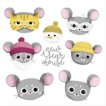 Set of cute mouse faces, symbol of new year 2020, vector Stock Illustration