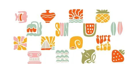Set of cute naive cutout elements and doodle organic shapes on theme of summer Stock Illustration
