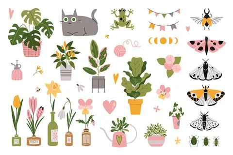 Set with cute natural, plant elements, cartoon style. Houseplants, bottled .. Stock Illustration