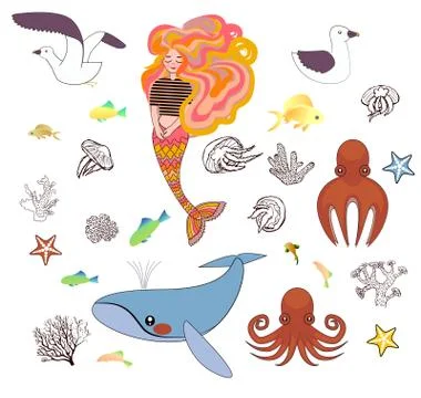 Set of cute nautical elements. Stock Illustration