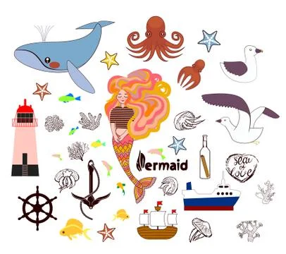 Set of cute nautical elements. Vector hand drawn Stock Illustration