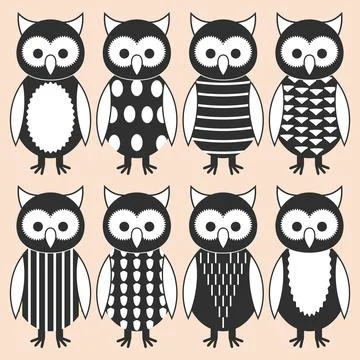 Set of cute nestlings of owl in different clothes and suits.  Stock Illustration