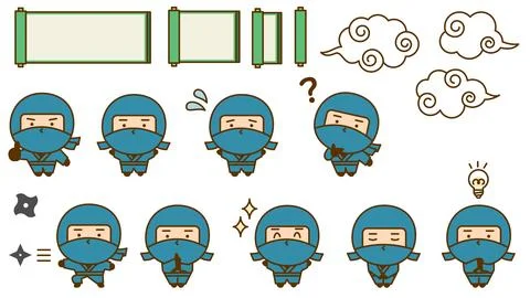 A set of cute ninja character illustrations in various poses. Stock Illustration