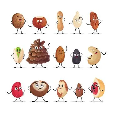 Set cute nuts and seeds characters cartoon mascot personages collection healthy Stock Illustration