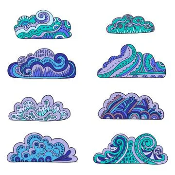 Set of cute ornamental doodle clouds. Hand drawing Illustrazione stock