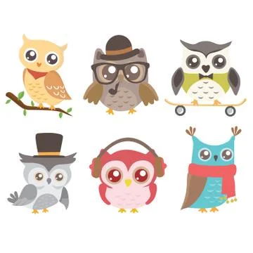 Set of cute owls isolated. Stock Illustration
