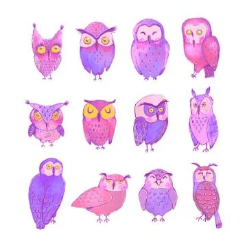 Set of cute owls isolated on white background Stock Illustration