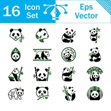 Set of cute panda bear icons and bamboo illustrations with cute bears Stock Illustration
