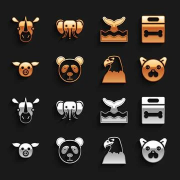 Set Cute panda face, Dog bone, Cat, Eagle head, Pig, Whale tail in ocean wave Stock Illustration