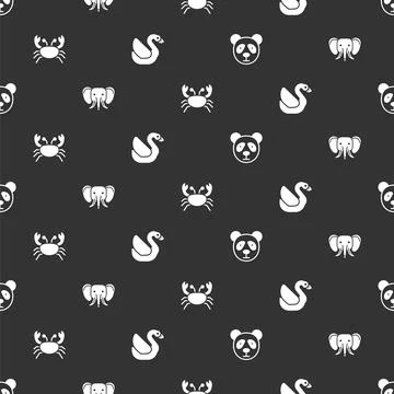 Set Cute panda face, Elephant, Crab and Swan bird on seamless pattern. Vector Illustrazione stock