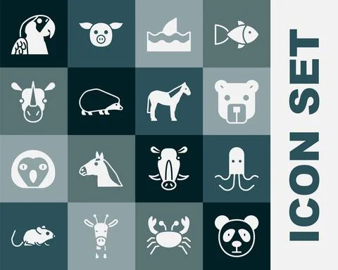 Set Cute panda face, Octopus, Bear head, Shark fin in ocean wave, Hedgehog Stock Illustration