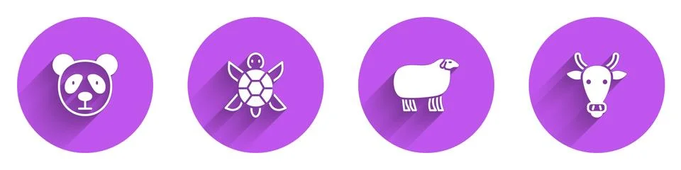 Set Cute panda face, Turtle, Sheep and Cow head icon with long shadow. Vector Illustrazione stock