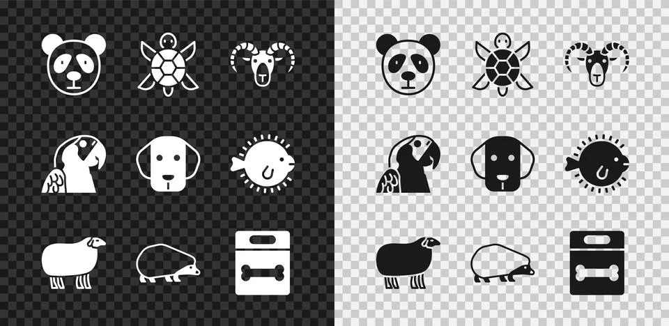 Set Cute panda face, Turtle, Head of goat or ram, Sheep, Hedgehog, Dog bone Stock Illustration